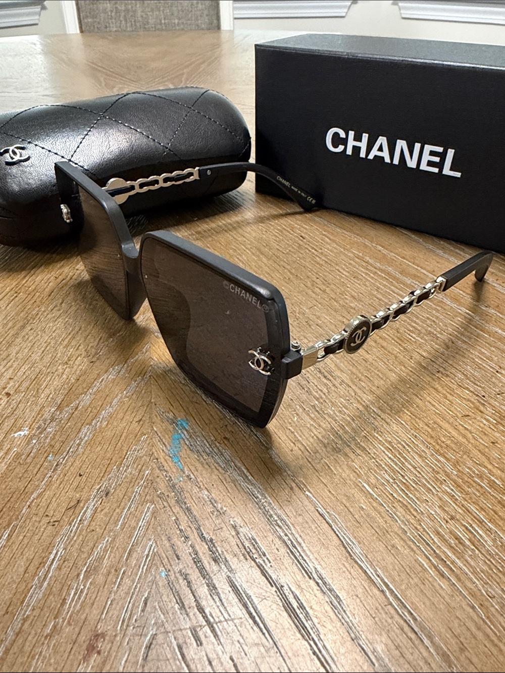 CHANEL Black & Silver Oversized Square Sunglasses with CC Emblem - Picture 6 of 10